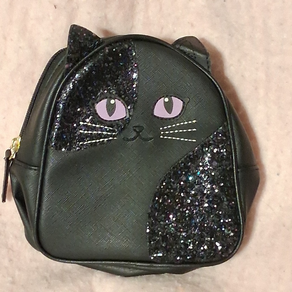 Bath & Body Works Black Cat Glitter Purse Small Zip Backpack Pouch New Retired